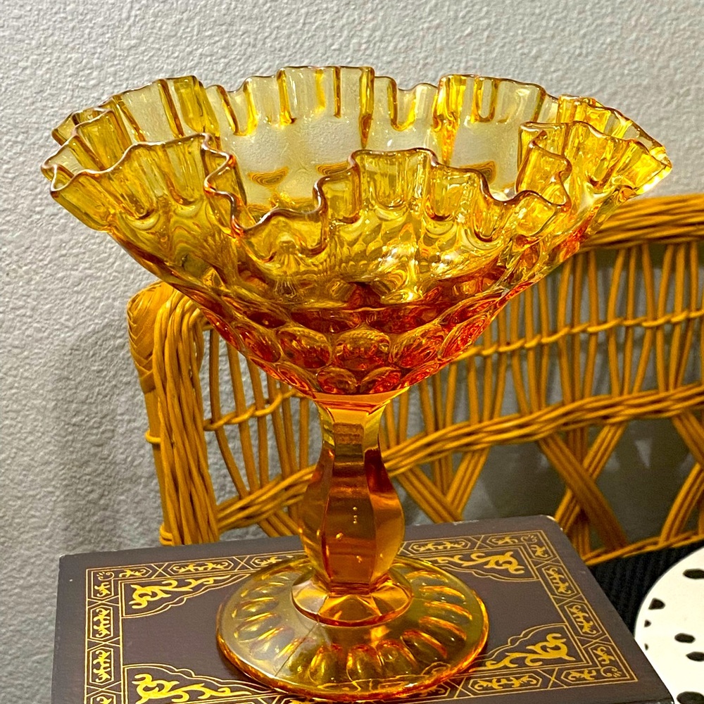 Vintage Amber Glass Compote Pedestal Bowl